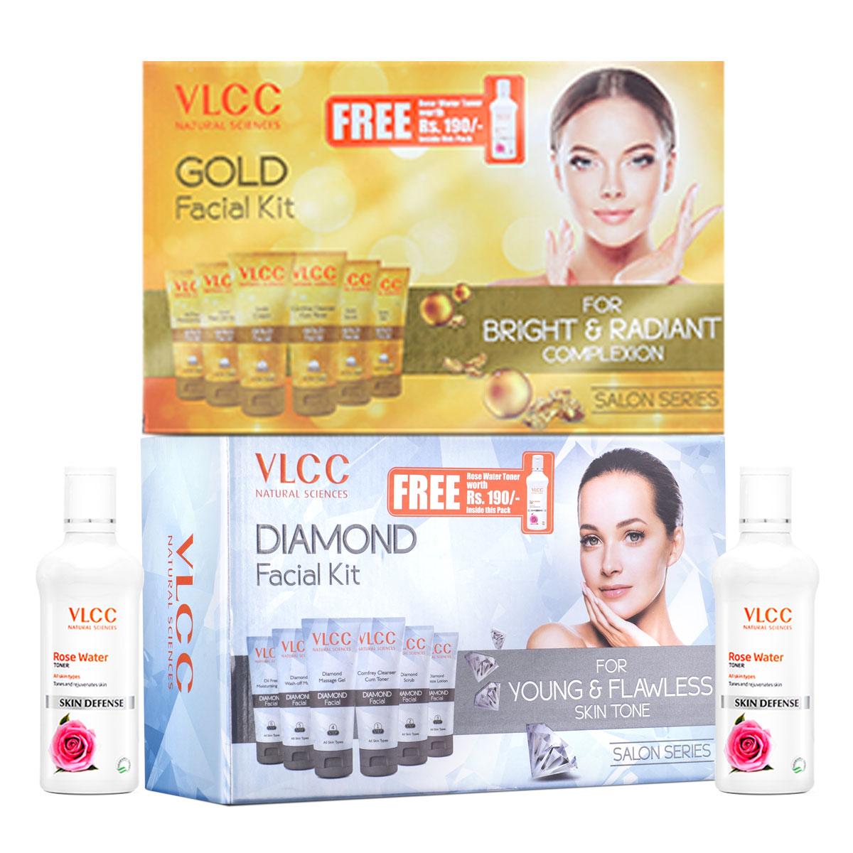 VLCC Gold Facial Kit + FREE Rose Water Toner &  Diamond Facial Kit + FREE Rose Water Toner