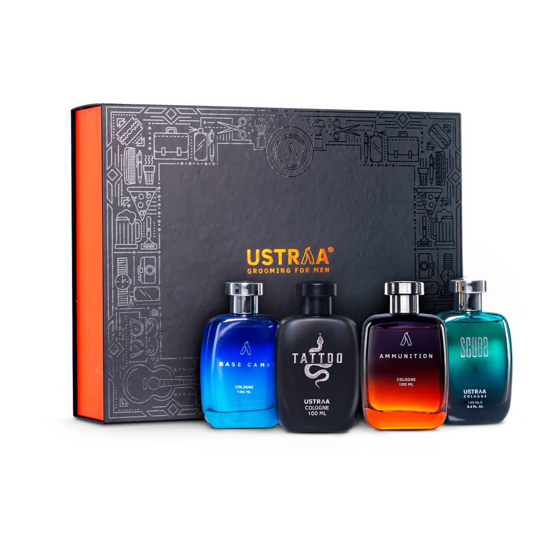 Ustraa Party Animal Pack 2.0 For Men: Cologne- Base Camp + Ammunition + Scuba + Tattoo