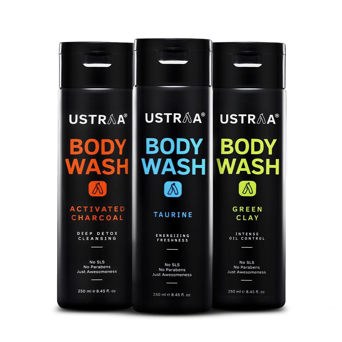 Ustraa Body Wash Trial Pack For Men: Taurine + Activated Charcoal + Green Clay