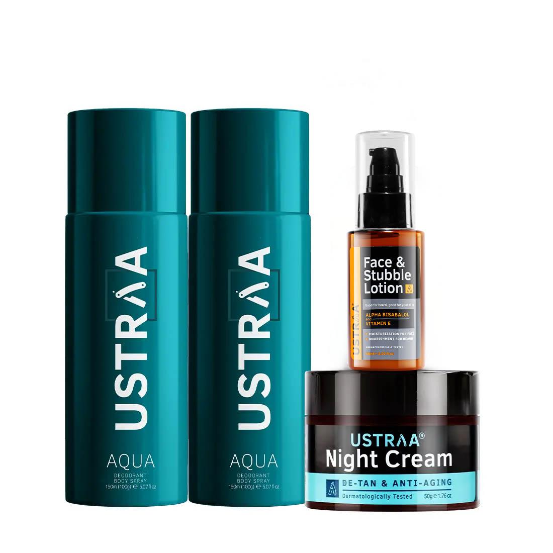 Ustraa Aqua Deodorant & Face & Stubble Lotion & Night Cream