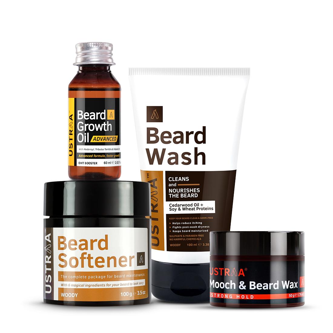 Ustraa Beard Care Pack For Men: Beard Wash + Beard Softener + Mooch & Beard Wax + Beard Growth Oil