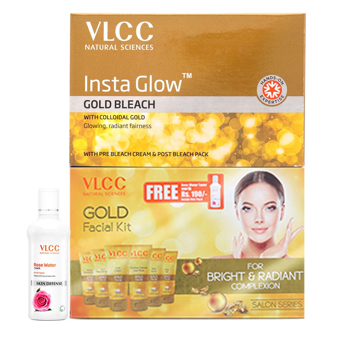 VLCC Gold Facial Kit with Free Rose Water Toner &  Insta Glow Gold Bleach