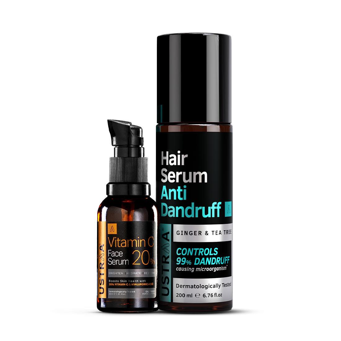 Get Bright Skin & Reduces Dandruff | Vitamin C Face Serum & Anti Dandruff Hair  Serum | Ustraa