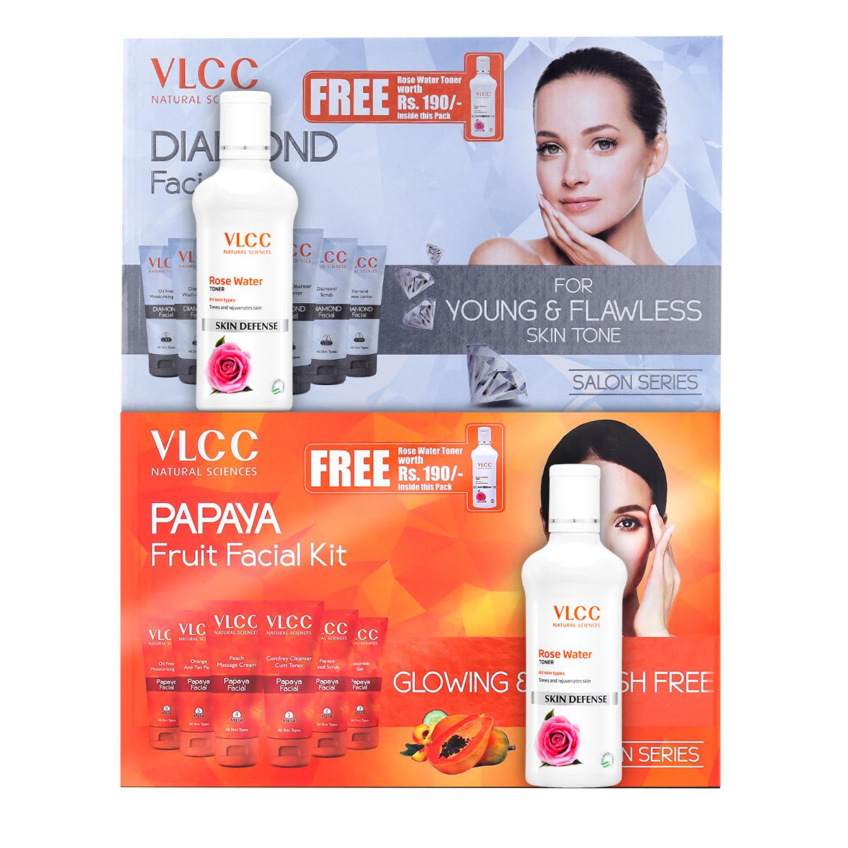 VLCC Papaya Fruit & Diamond Facial Kit with Free Rose Water Toner