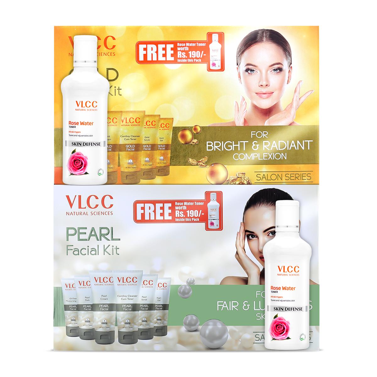 VLCC Pearl Facial Kit with Free Rose Water Toner & Gold Facial Kit with Free Rose Water Toner