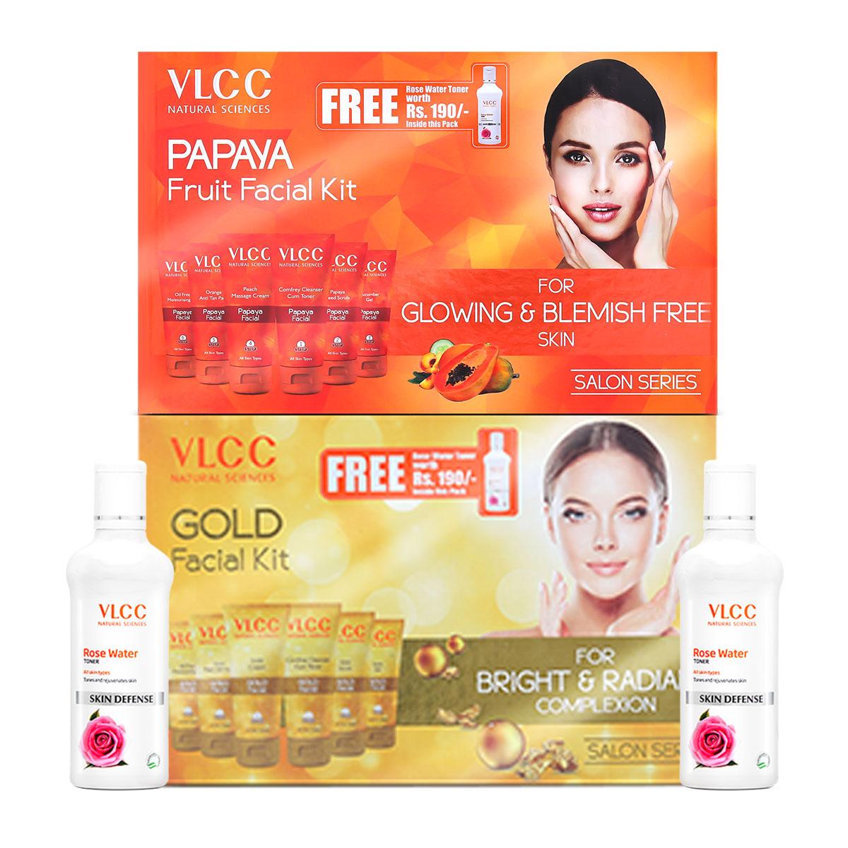VLCC Gold Facial Kit with Free Rose Water Toner & Papaya Fruit Facial Kit with FREE Rose Water Toner