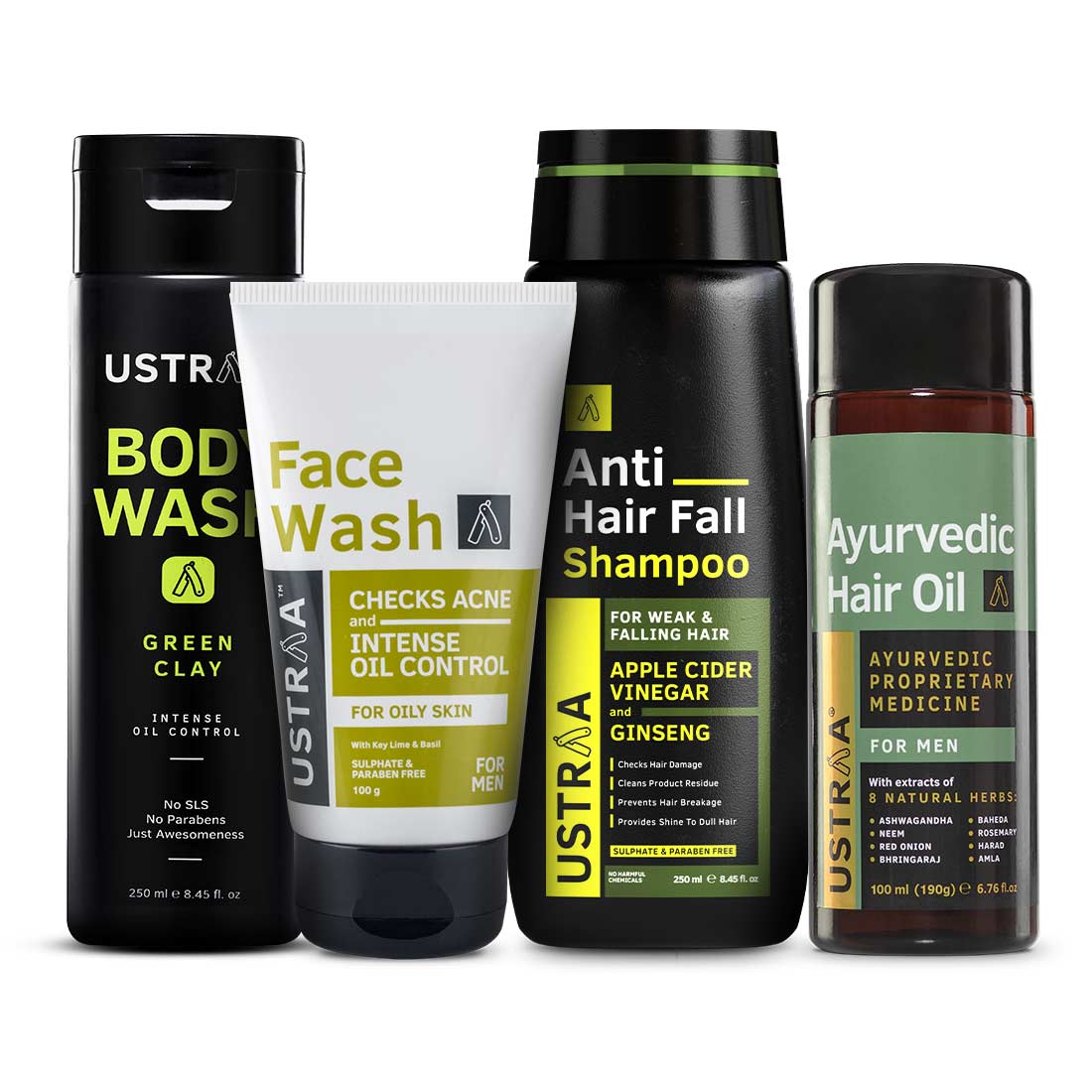 Ustraa Monthly Essential Kit for Men: Body Wash-Green Clay, Face Wash Oil Skin, Anti Hairfall shampoo & Ayurvedic Hair Oil
