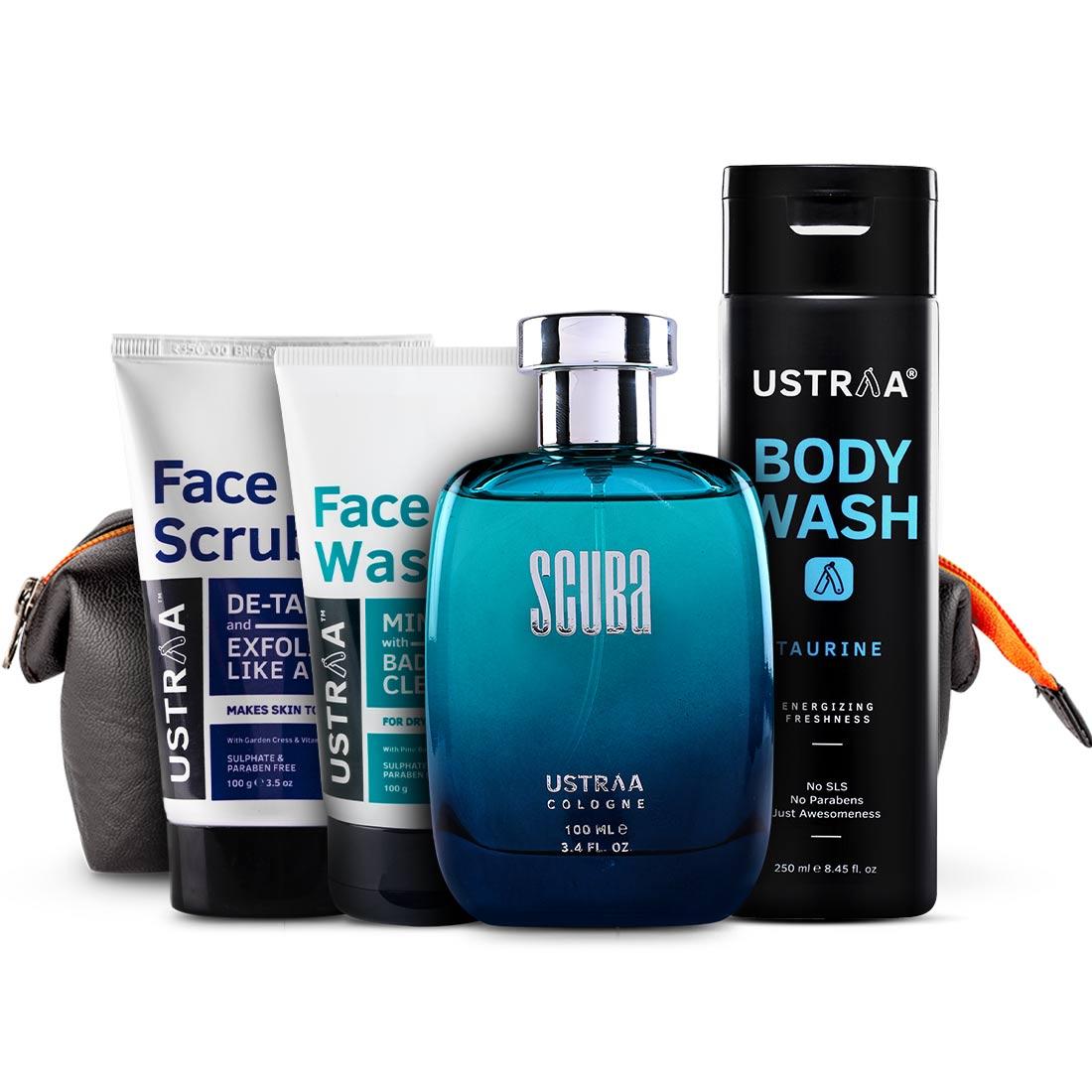 Ustraa Mountaineer Pack: Scuba Cologne, De Tan Face Scrub, Taurine Body Wash, Dry Skin Face Wash