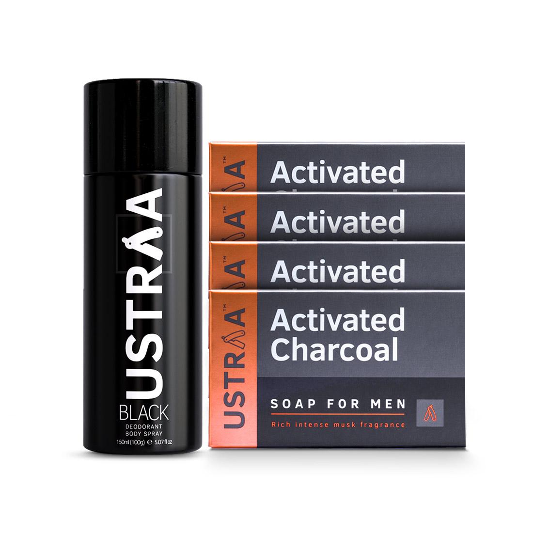 Ustraa Deodorant Black and Deo Soap Activated Charcoal (Set of 4) | Fragrance Combo