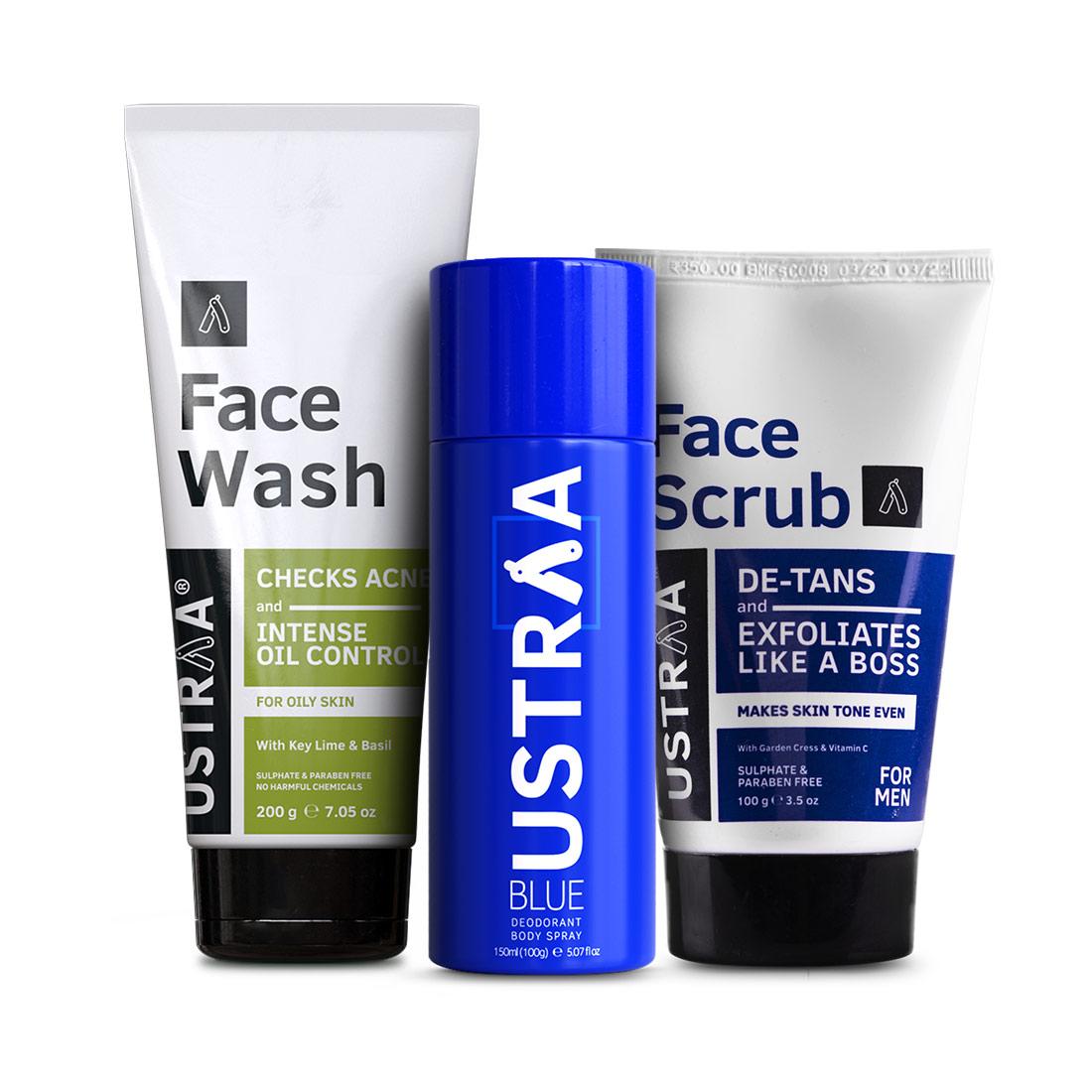 Ustraa Pack of 3: Deodorant Blue + Face Wash Oily Skin + Face Scrub De-Tan