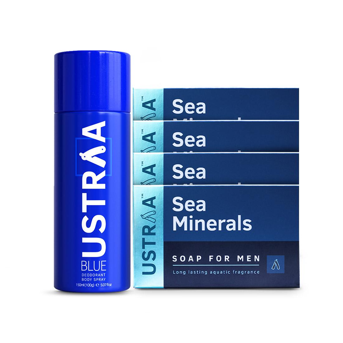 Ustraa Fresh Fragrance Pack: Deodorant Blue and Deo Soap Sea Mineral (Set of 4)