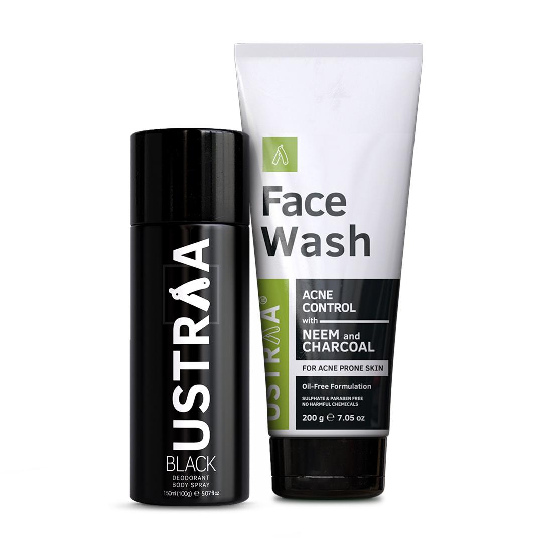 Ustraa Ultimate Combo for Men: Deodorant Black and Face Wash (Neem and Charcoal)