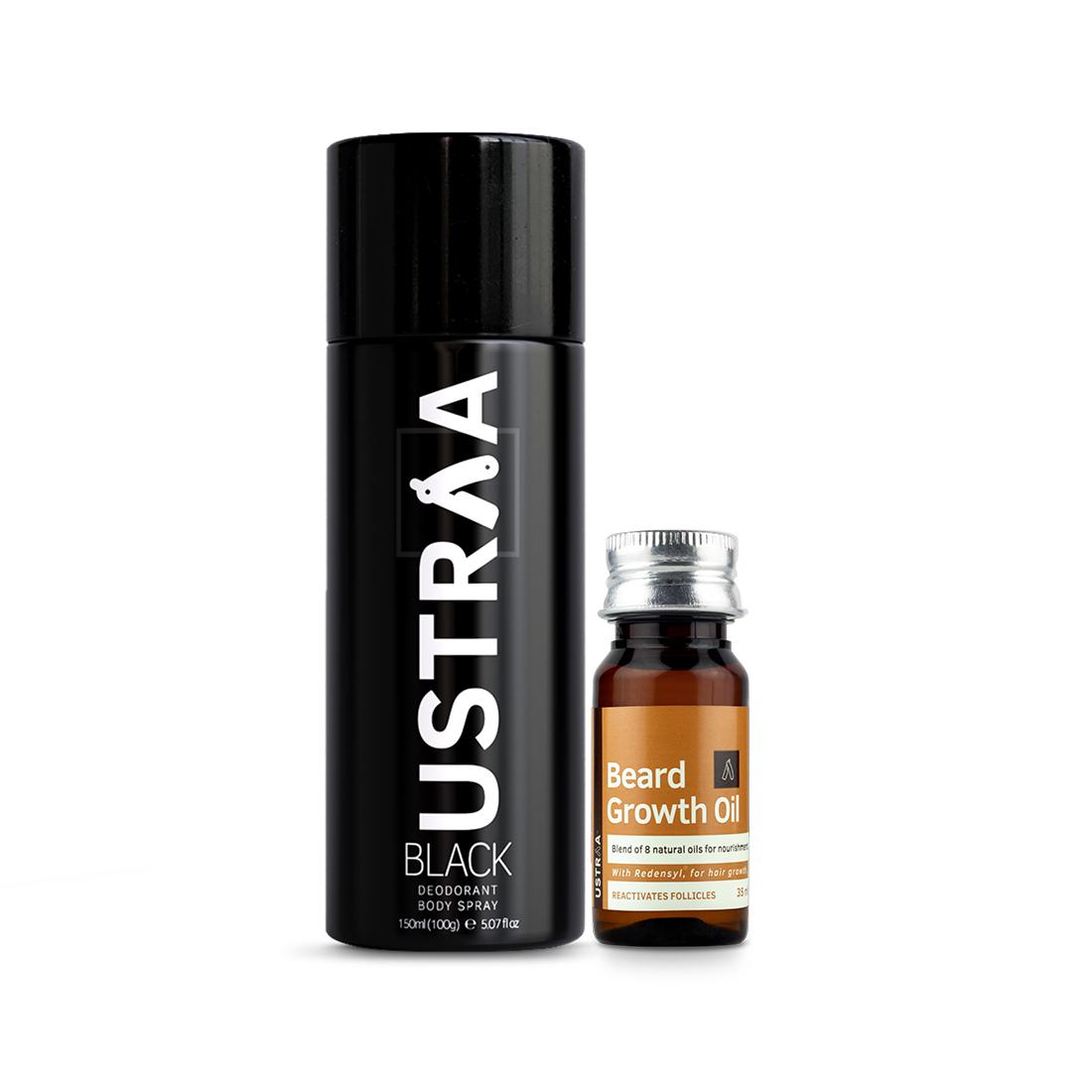 Ustraa 2-in-1 Combo: Deodorant Black + Beard Growth Oil For Men