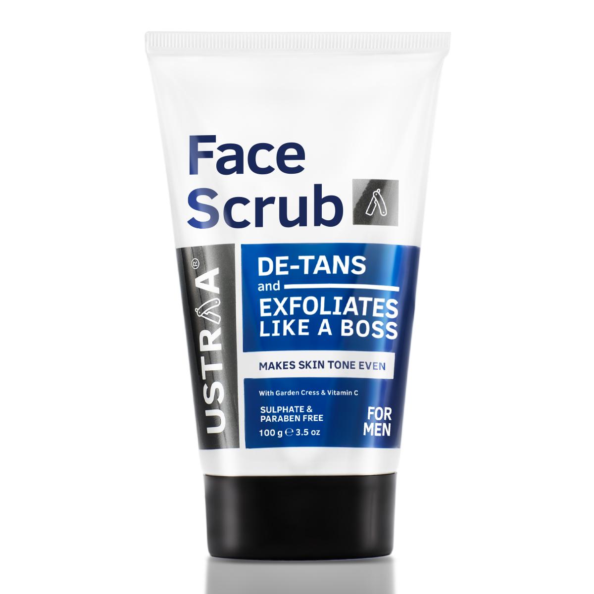 Ustraa De-Tan Face Scrub for Men, Dermatologically Tested, For Tan Removal & Even Skin Tone, For All Skin Types, Prevent Dark Spots, Without Bleach, No Sulphates, No Parabens,