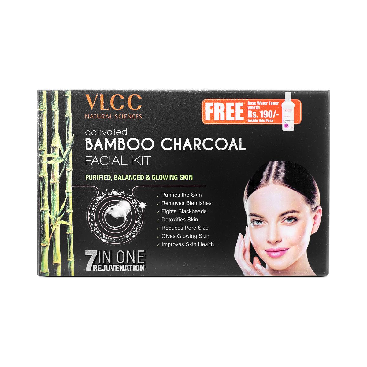 VLCC Activated Bamboo Charcoal Facial Kit + FREE Rose Water Toner - Unveil a Naturally Glowing Complexion