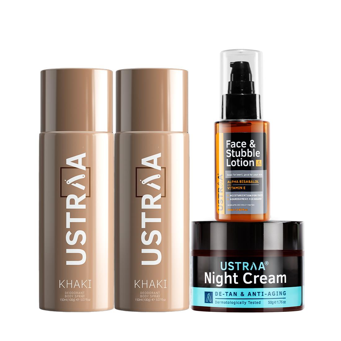 Ustraa Khaki Deodorant & Face & Stubble Lotion & Night Cream