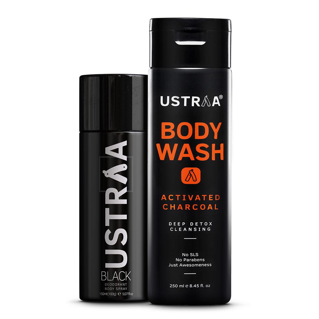 Ustraa Ultimate Combo For Men: Body Wash Activated Charcoal + Deodorant Black