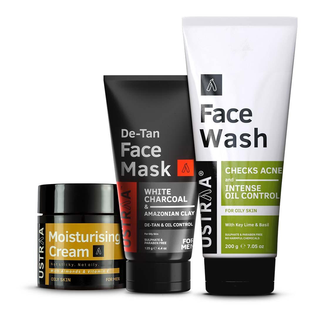 Ustraa Complete Oily Skin Care Kit For Men (Set of 3): Oil Control Face Wash, Moisturizing Cream, and De-Tan Face Mask
