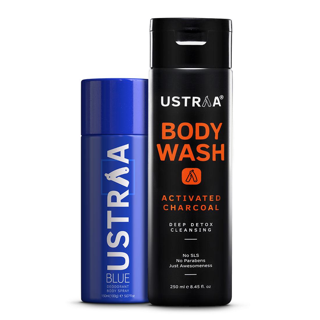 Ustraa Ultimate Combo For Men: Deodorant Blue + Body Wash Activated Charcoal