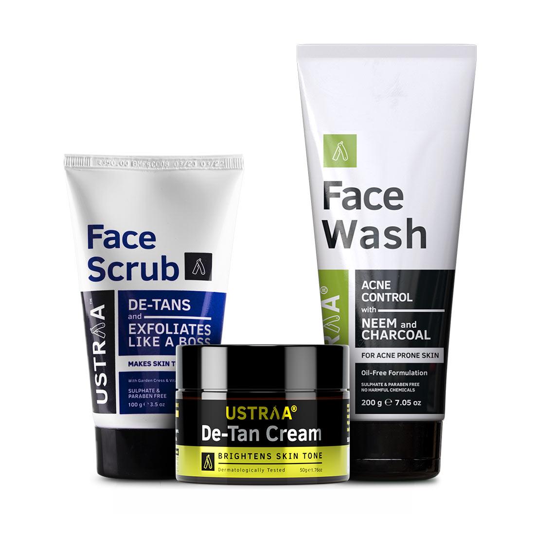 Ustraa De-Tan & Anti Pollutant Kit for Men (Set of 3): Face Scrub, Face Wash, and De-Tan Cream