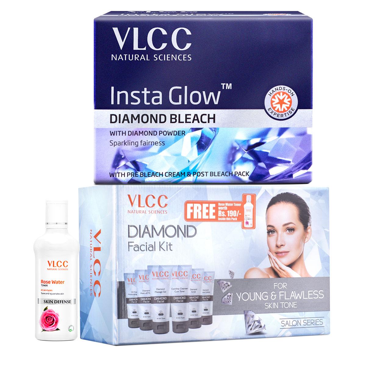 VLCC Diamond Facial Kit with FREE Rose Water Toner & Insta Glow Diamond Bleach