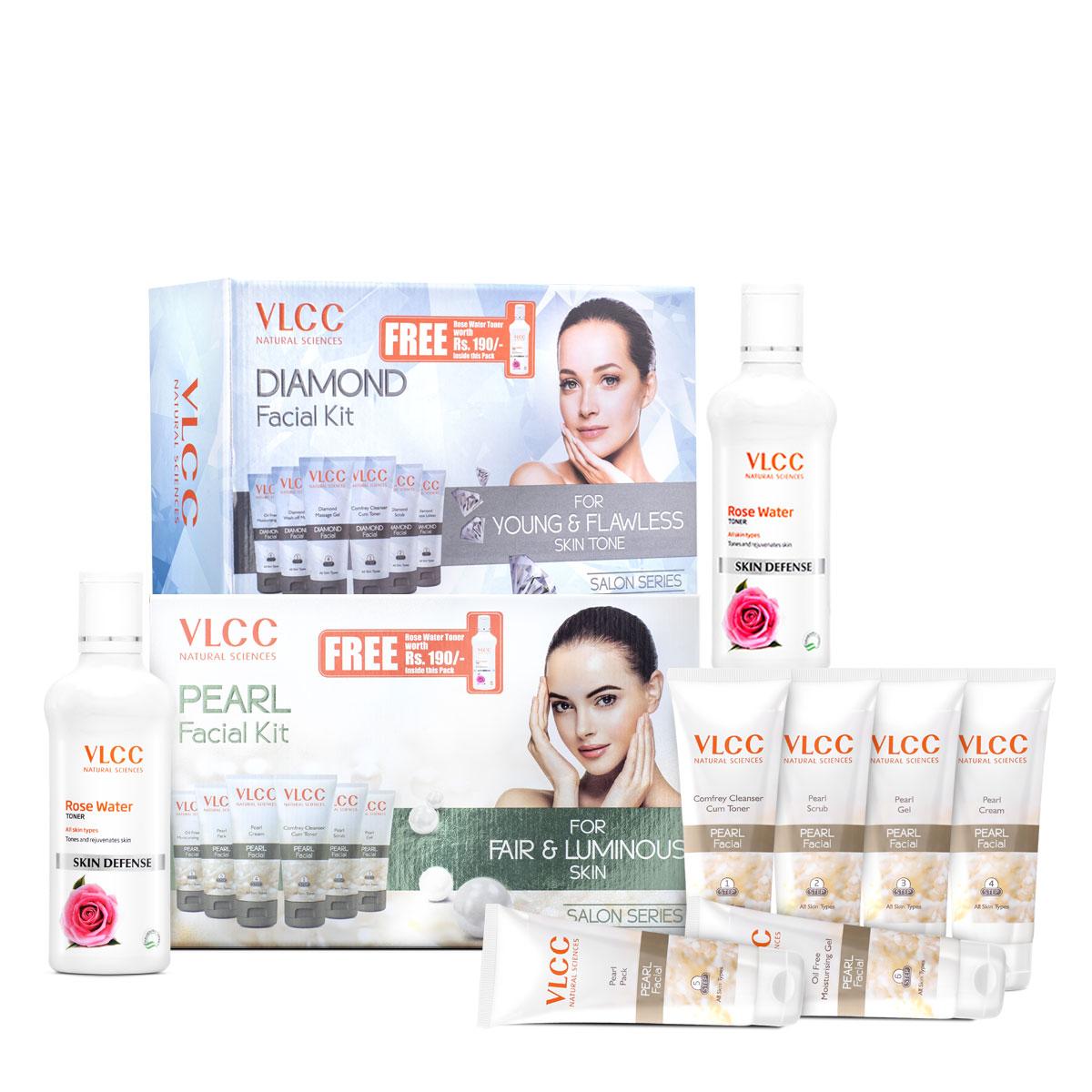 VLCC Diamond Facial Kit with FREE Rose Water Toner & Pearl Facial Kit with FREE Rose Water Toner