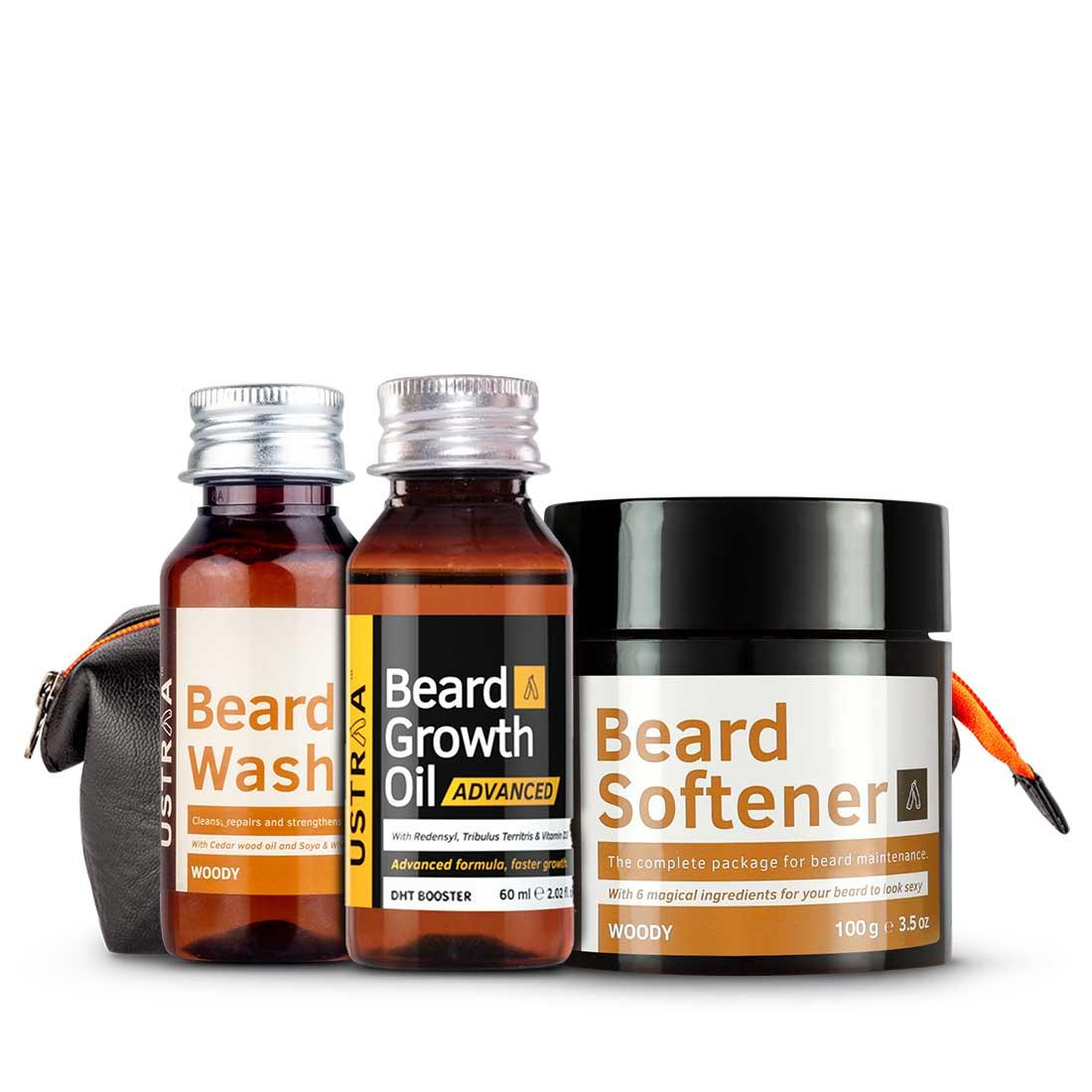 Ustraa Advance Beard Care Pack for Men: Beard Growth Oil-Advance, Beard Softener (Woody), Beard Wash (Woody)