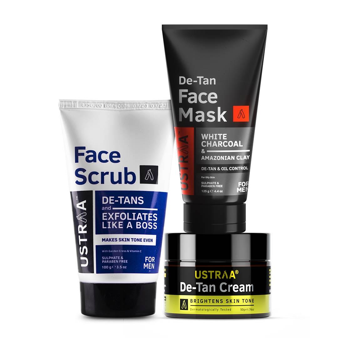 Ustraa Complete De-Tan Kit for Men (Pack of 3): Face Scrub, Face Mask, and De-tan Cream