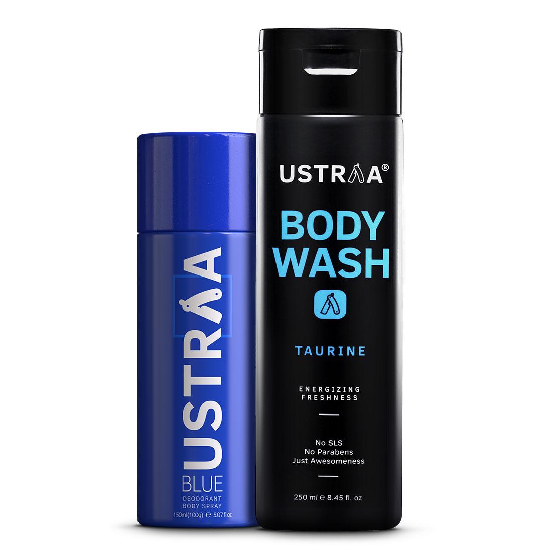 Ustraa Body Wash-Taurine (200ml) and Blue Deodorant (150ml) Combo For Men