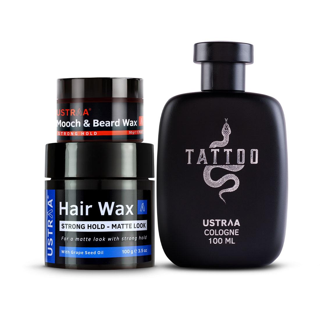 Ustraa Complete Styling Pack For Men: Tattoo Cologne + Mooch & Beard Wax + Hair Wax