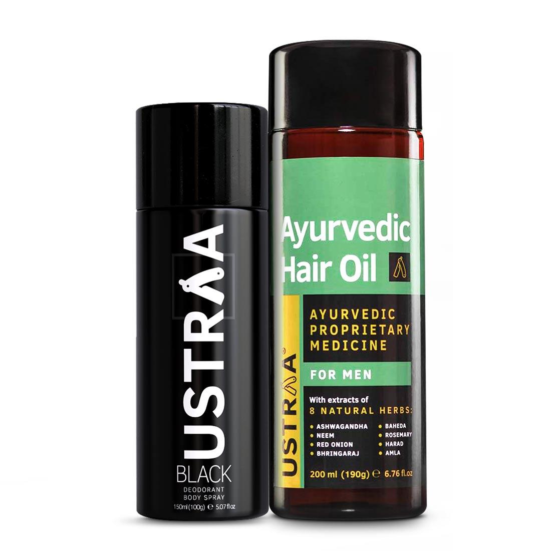 Ustraa Black Deodorant Combo and Ayurvedic Hair Oil Combo For Men