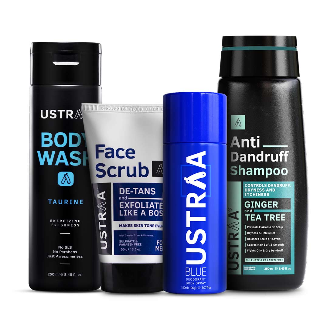 Ustraa Men Monthly Essential Kit (Pack of 4): Deo Blue, De-Tan Face Scrub, Anti-dandruff Shampoo, and Body Wash Taurine
