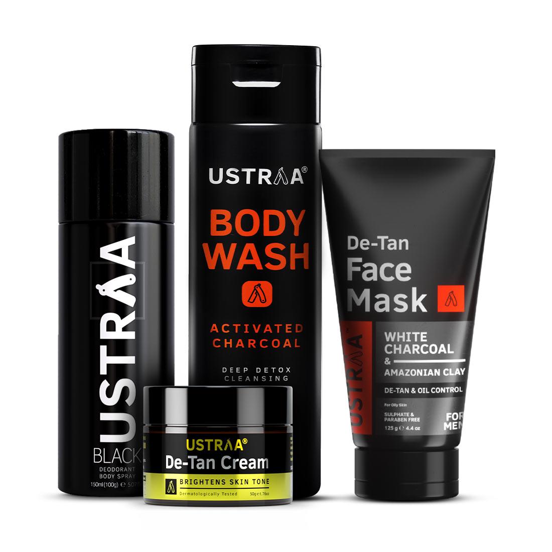Ustraa 4-in-1 Monthly Essential Kit for Men | Deo Black, Body Wash Activated Charcoal, Face Mask Oily Skin & De-Tan Cream