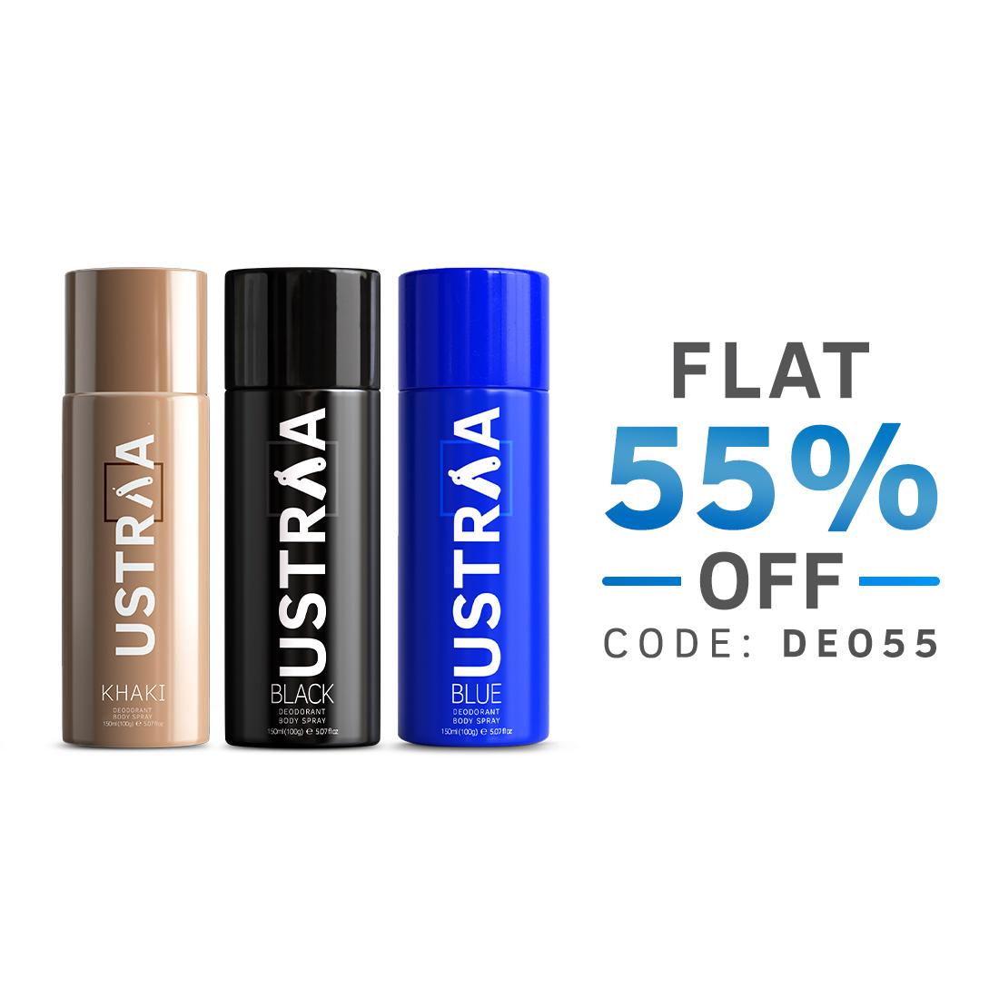 Ustraa Deodorant Body Spray - 150 ml - Blue,Khaki & Black- Set of 3