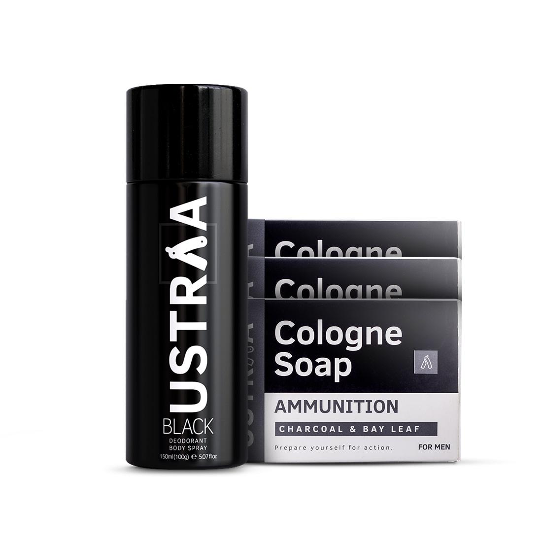 Black Deodorant Body Spray 150 ml & Ammunition Cologne Soap - Pack of 3