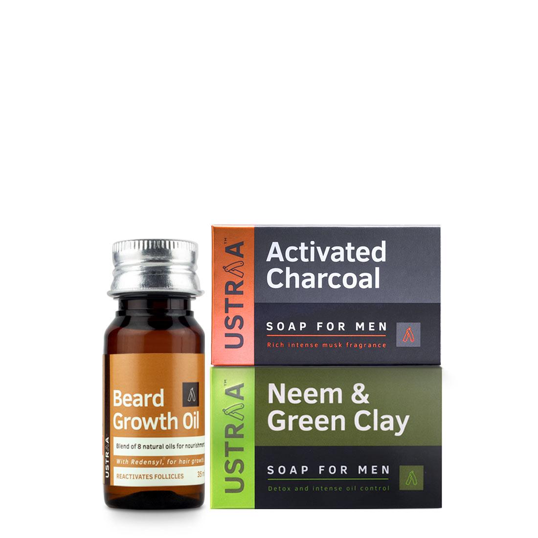 Ustraa Beard & Shower Care Pack: Beard Growth Oil + Activated Charcoal & Neem & Clay Soap