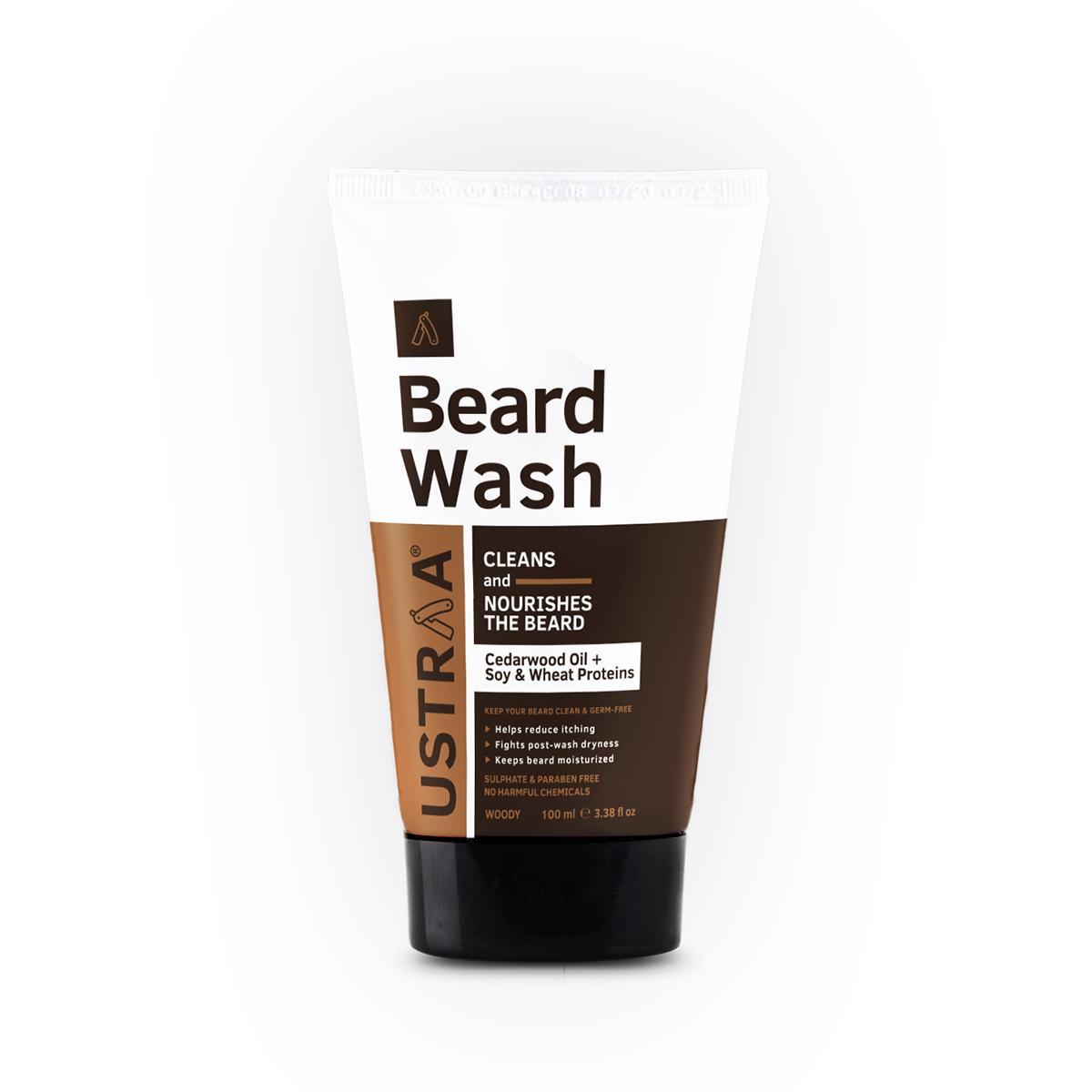 Ustraa Beard Wash (Woody) with Soy & Wheat Proteins - Provides Deep Cleansing and Mositurization - Keeps Beard Germ and Grit Free - 100g