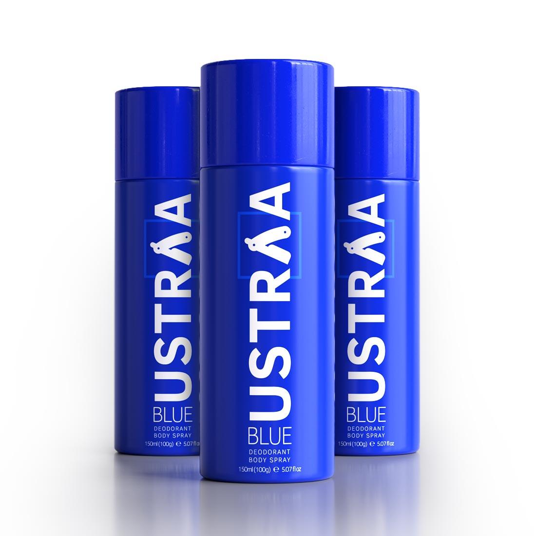 Ustraa Blue Deodorant Body Spray For Men (150ml) - Long Lasting Fragrance (Set of 3)