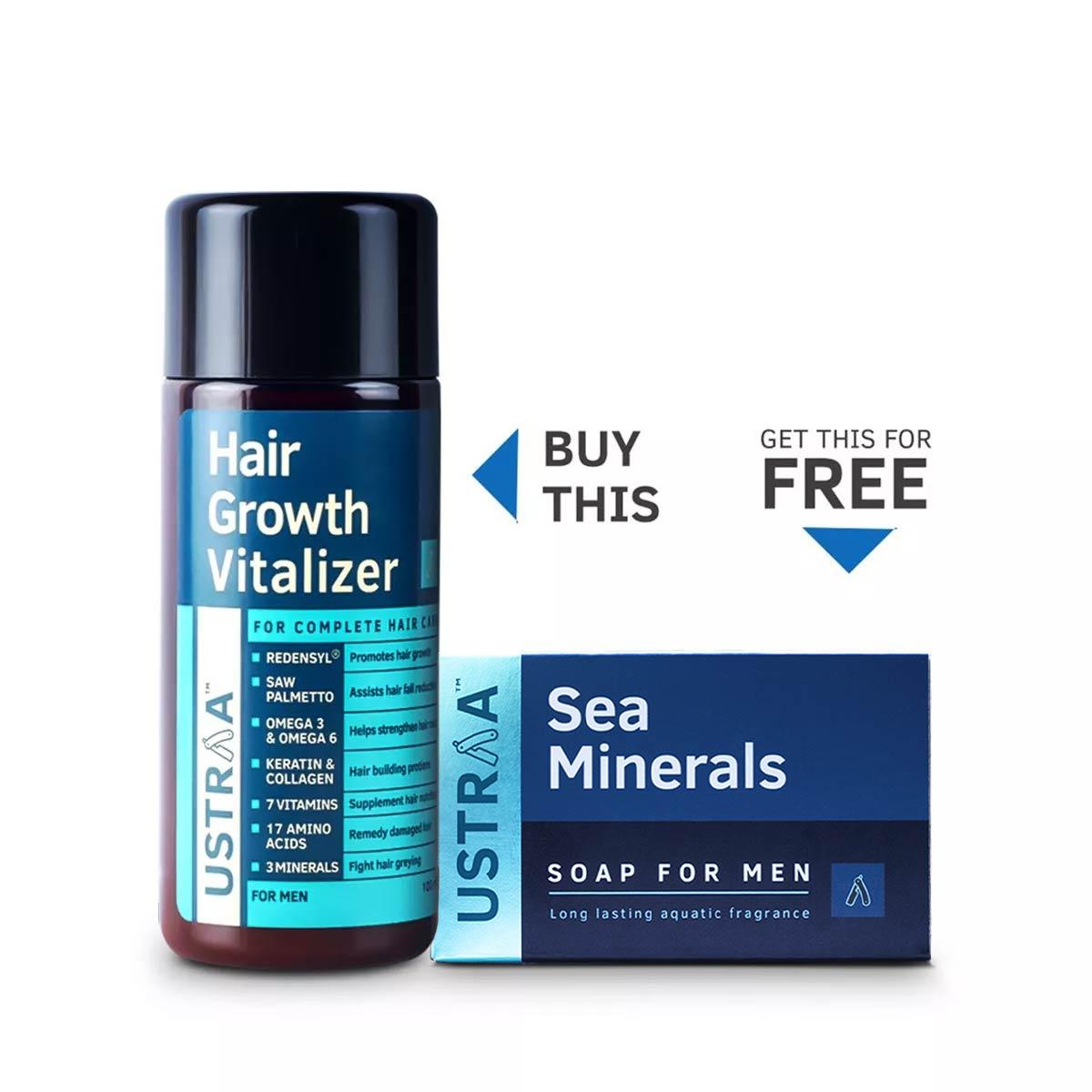Ustraa Hair Growth Vitalizer With Saw Palmetto, Redensyl, Vitamins: Get Sea Mineral Deo Soap For Free
