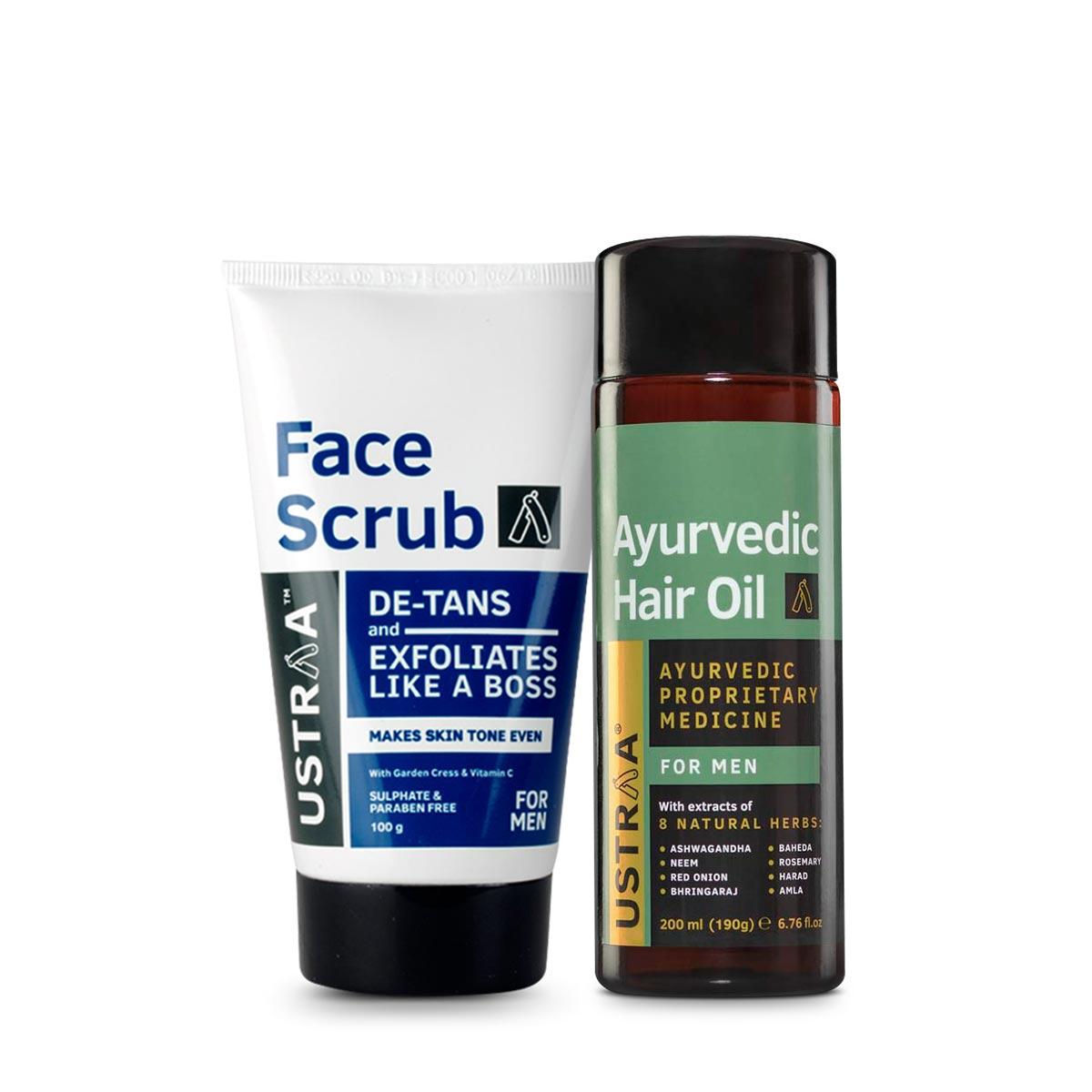 Ustraa Ayurvedic Hair Oil + Face Scrub- De-Tan Combo: Set of 2 For Men