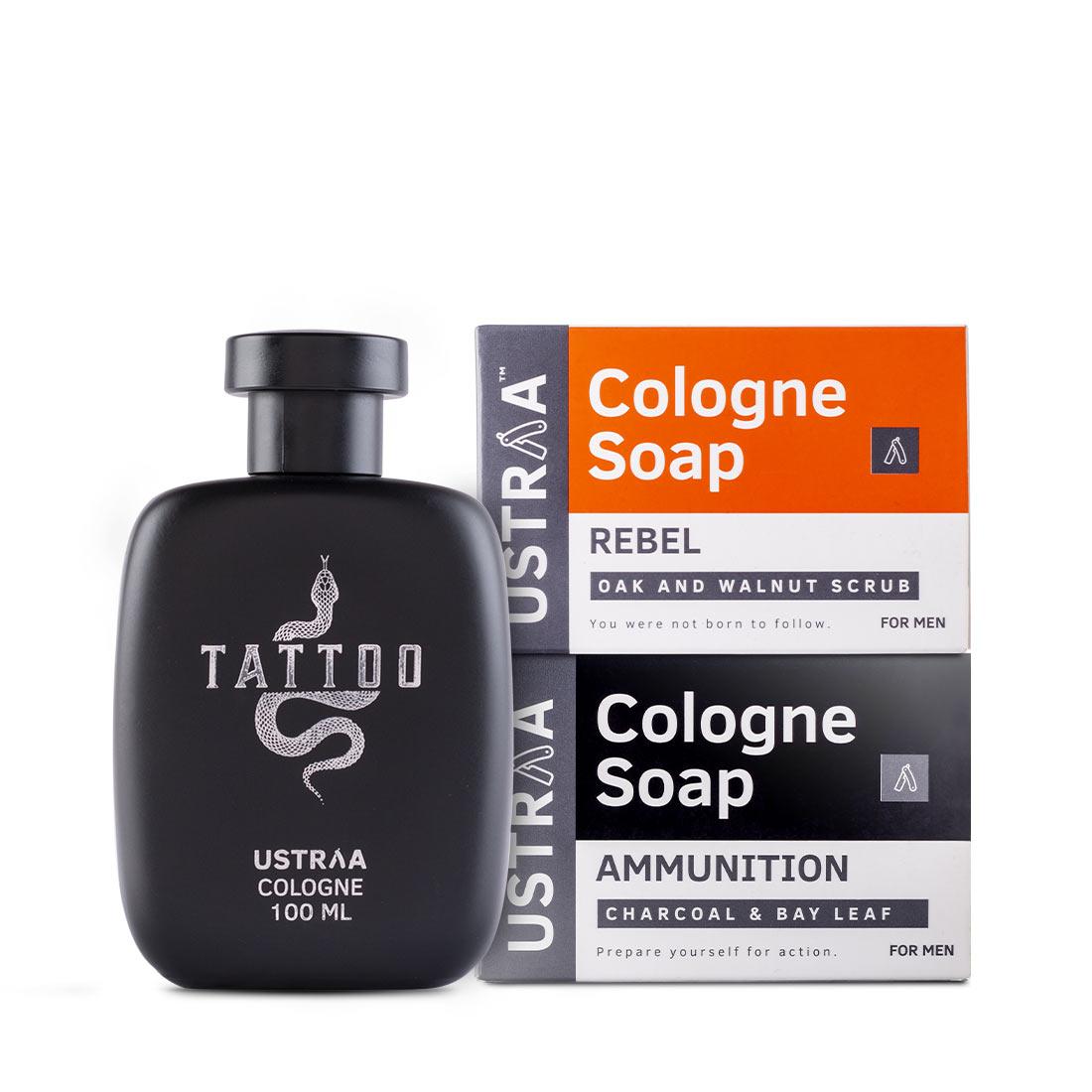 Ustraa Cologne Shower Pack for Men- Tattoo Cologne, Ammunition, Rebel Soap