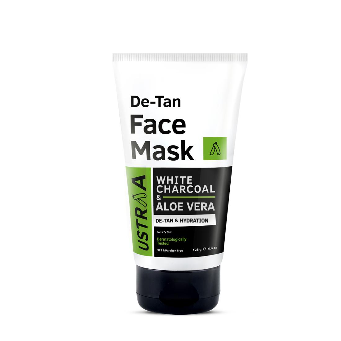 Ustraa De Tan Face Mask for Men with Dry Skin  125 g - For Tan Removal and Even Skin Tone with Kaolin Clay, White Charcoal, Aloe Vera and Olive Oil