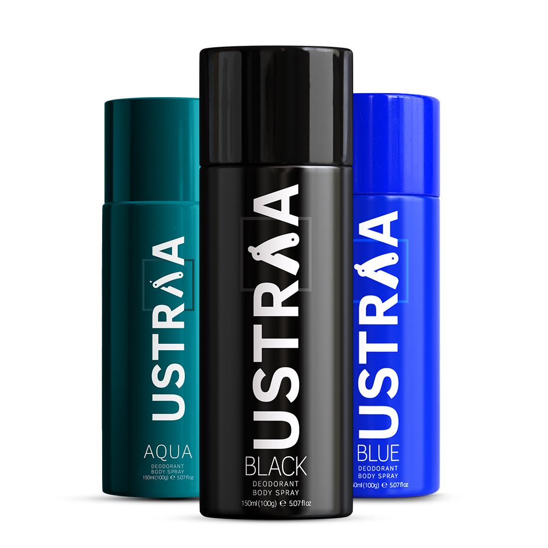 Ustraa Deodorant Body Spray - 150 ml - Black,Blue & Aqua- Set of 3