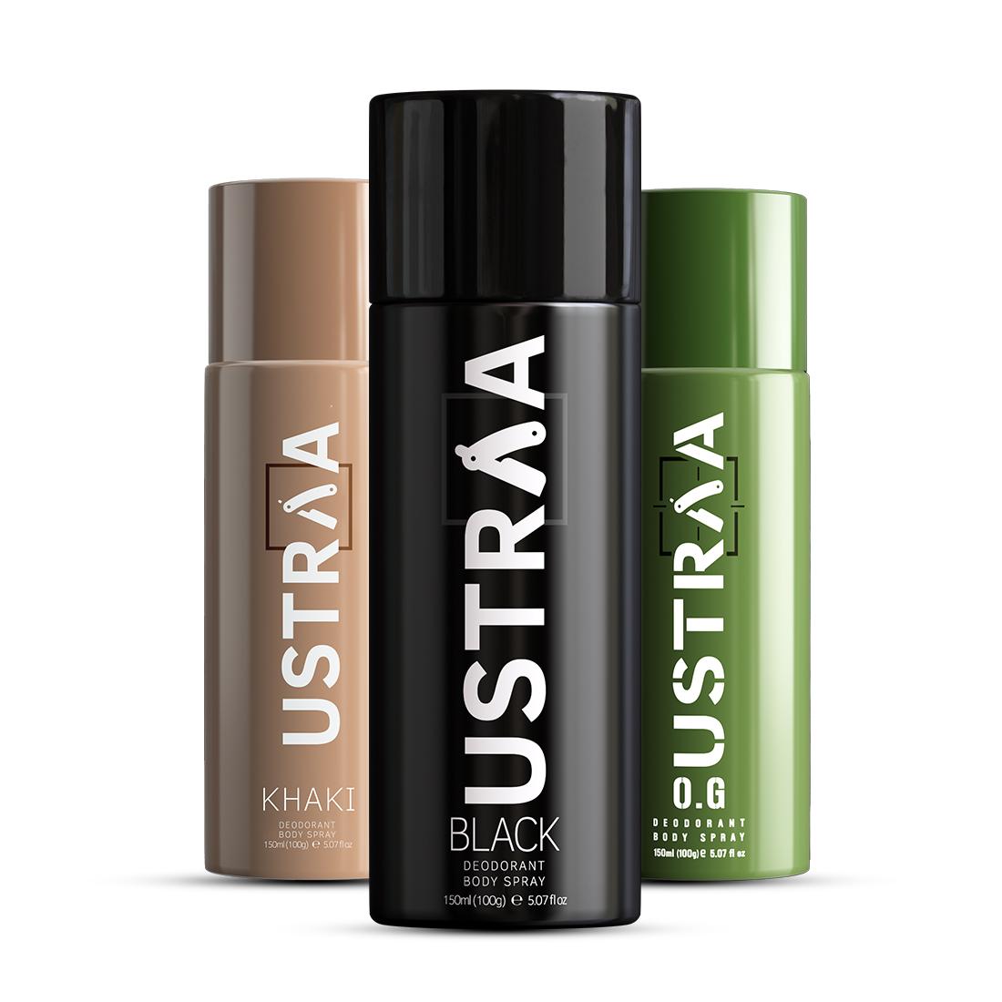 Ustraa Deodorant Body Spray - 150 ml - Black,O.G & Khaki  - Set of 3