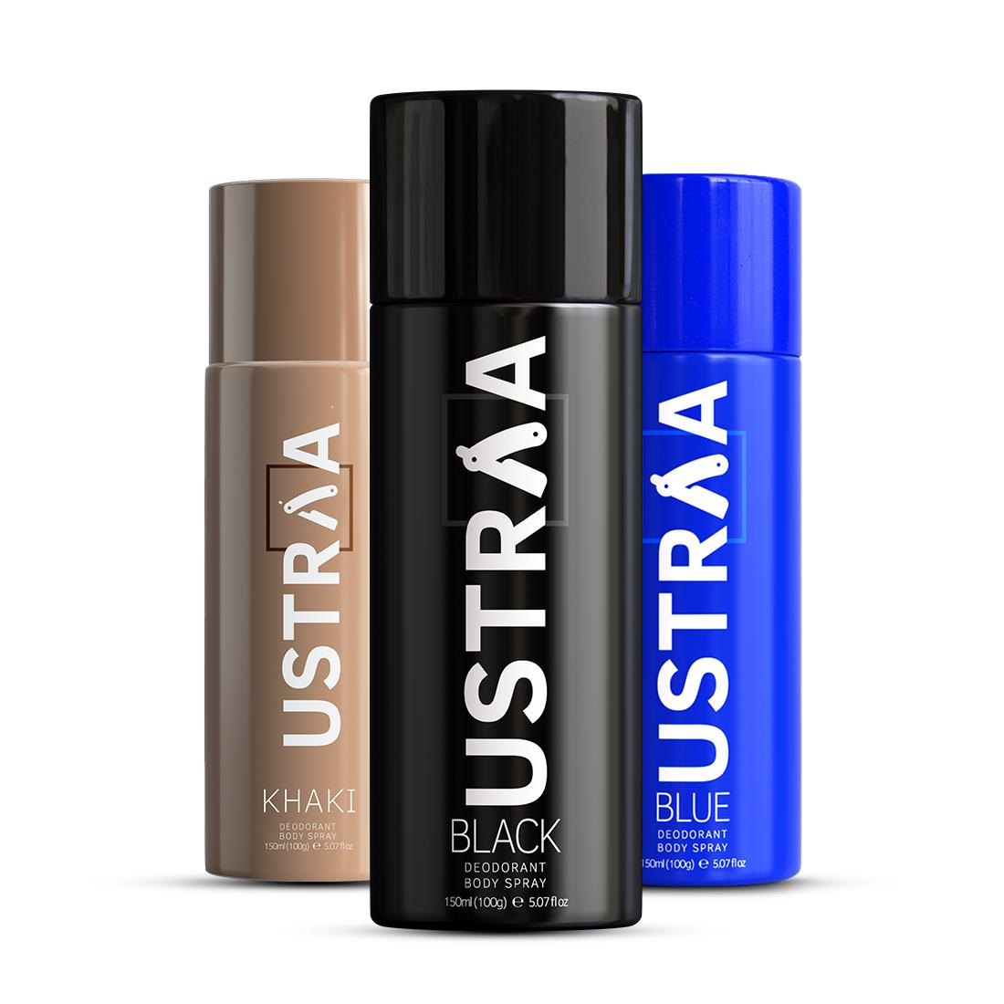 Ustraa Deodorant Body Spray - 150 ml - Blue,Khaki & Black - Set of 3