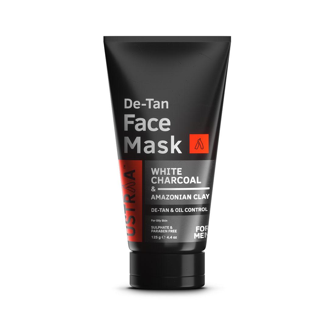 Ustraa De Tan Face Mask for Men with Oily Skin 125 g - For Tan Removal and Even Skin Tone with White Charcoal, Aloe Vera, Kaolin Clay and Olive Oil