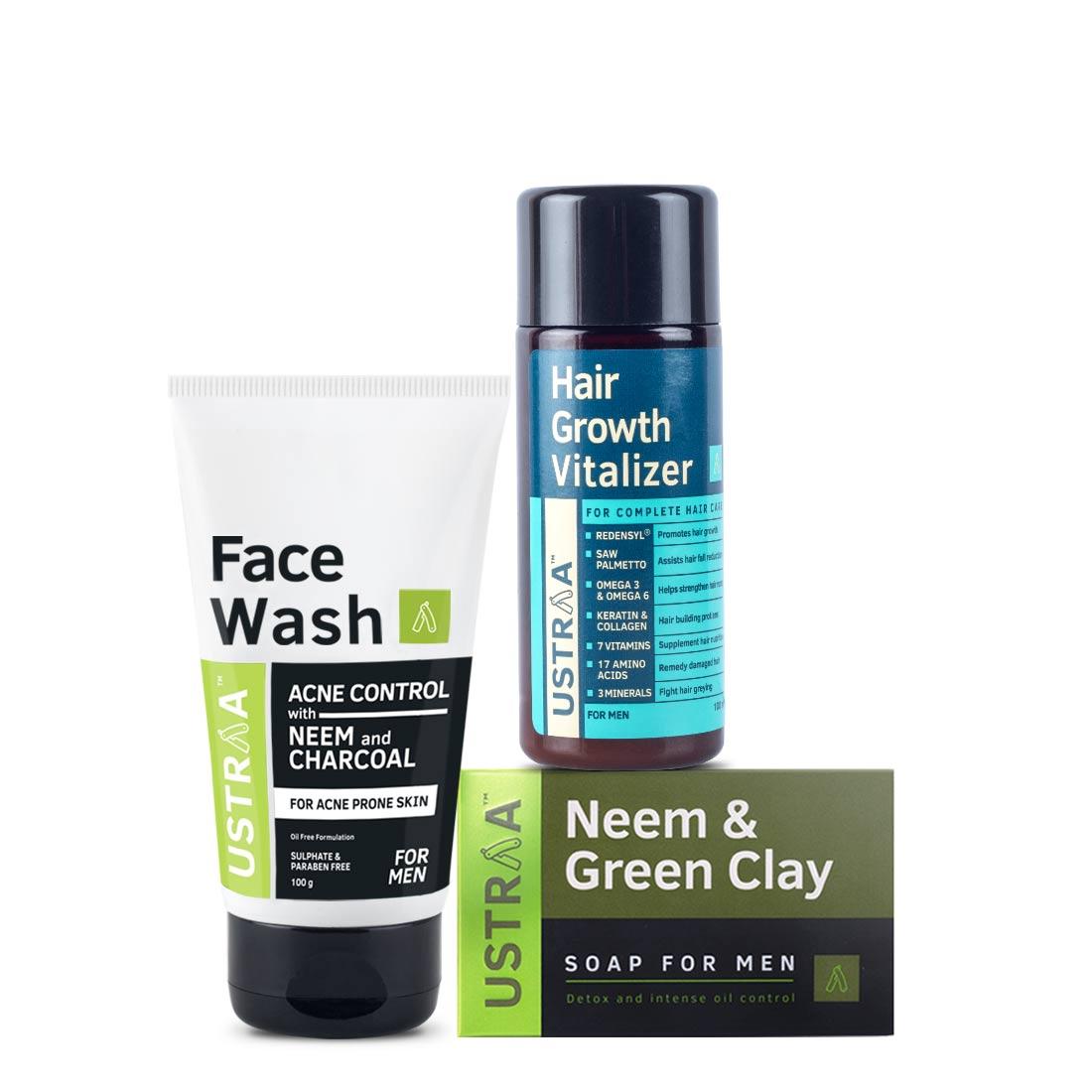Ustraa Neem & Hair Care Pack for Men- HGV + Face Wash + Neem & Clay Soap