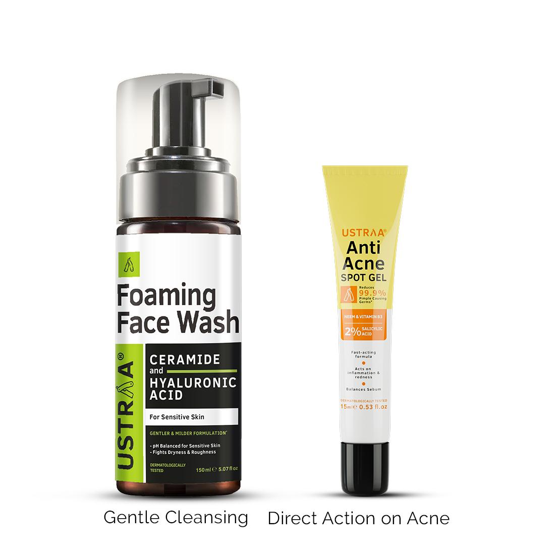 Ustraa Foaming Face Wash - For Sensitive Skin & Anti-Acne Spot Gel with Neem & Vitamin B3