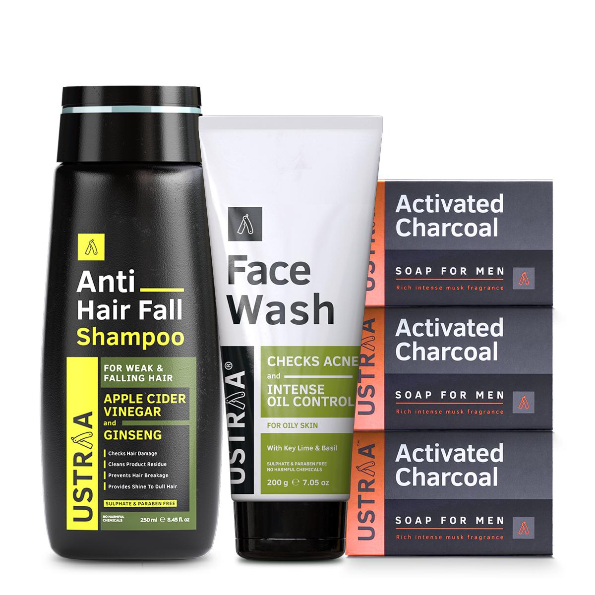 Ustraa Bathing Essentials for Men: Anti Hair Fall Shampoo + Activated Charcoal Soap & Oil Control Face Wash