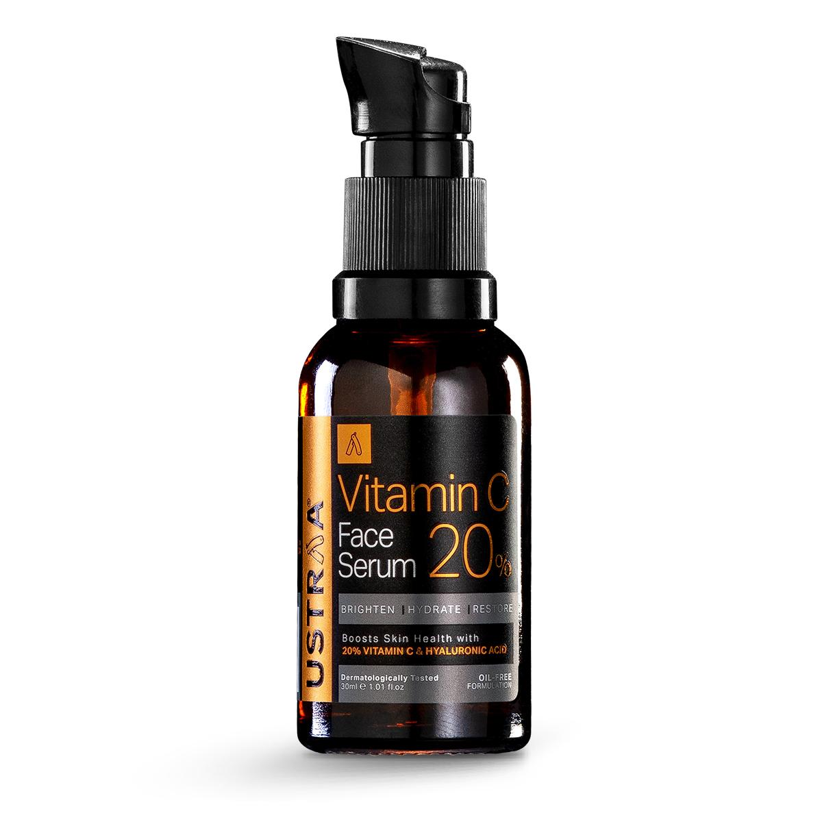 Ustraa 20% Vitamin C Face Serum with Hyaluronic Acid helps fight signs of aging, brightens, and hydrates the skin.